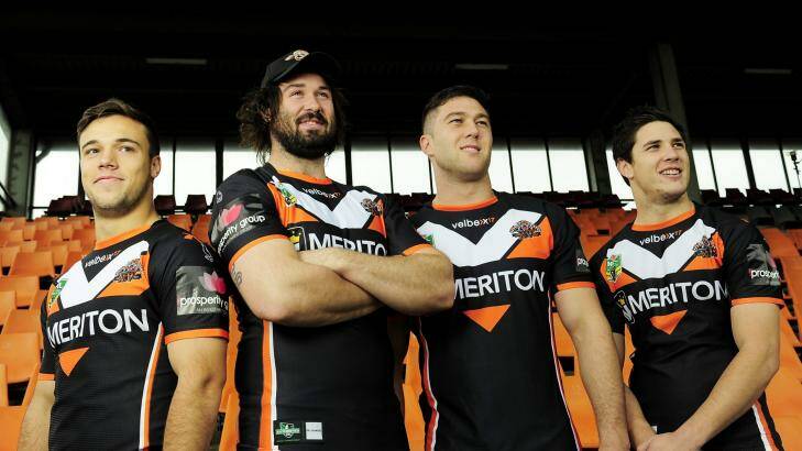 School ties: Wests Tigers teammates (L-R) Luke Brooks, Aaron Woods, Curtis Sironen and Mitchell Moses at Concord Oval. Photo: Getty Images/ Brett Hemmings