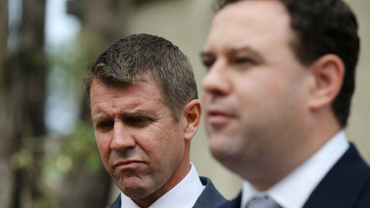 Premier Mike Baird with Police and Emergency Services Minister Stuart Ayres at Mount Druitt Police Station. Photo: Janie Barrett