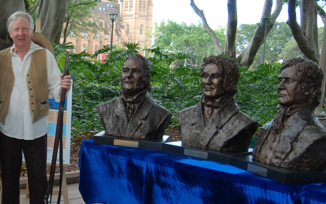 Businesses Supporting Bicentenary member Phil Hammon at the 2013 launch of the three explorers busts produced by Wentworth Falls artist Terrance Plowright. The finished busts will soon be installed in the centre of the towns named after each explorer.