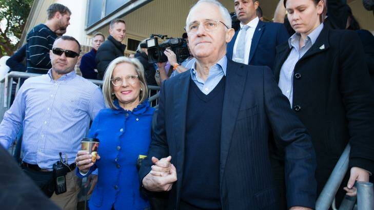 Prime Minister Malcolm Turnbull and wife Lucy after casting their votes in Sydney on Saturday. Photo: Edwina Pickles