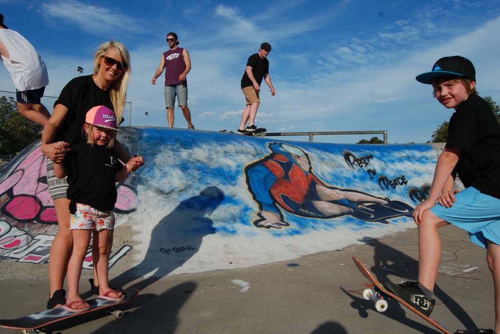 We weren't expecting any of this ... we're just so grateful : Michelle Samson-Hills with her daughter Aylah and Michelle s brother Kieran, 8, are looking forward to a new seat and tree memorial at the skate park in memory of her brother Jarrod who died this year. The memorial will look out at this mural which was also created in his memory. Photo: Shane Desiatnik