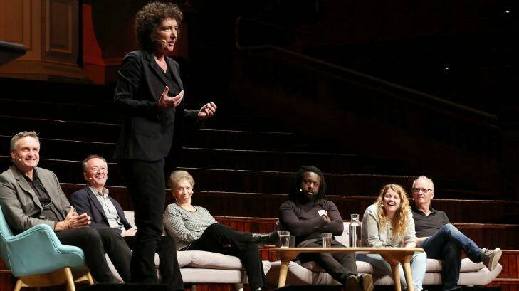 Books that Saved Me event at Sydney Town Hall with Jeanette Winterson (standing), host Richard Glover, Andrew Denton, Vivian Gornick, Marlon James, Kate Tempest, Herman Koch. 2016 Sydney Writers' Festival  Photo: Prudence Upton