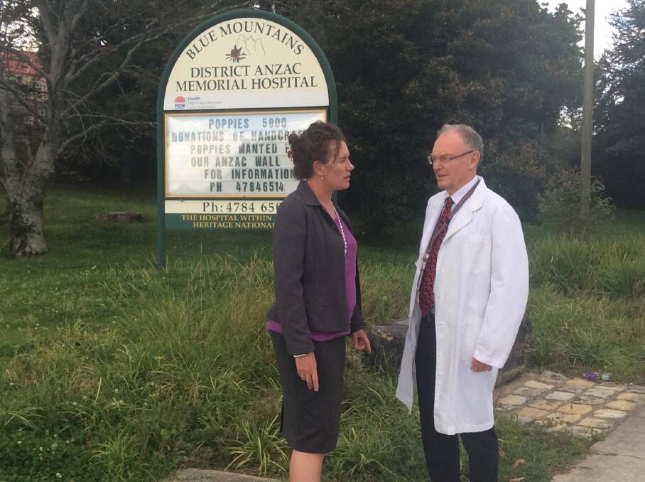 Blue Mountains Labor candidate Trish Doyle discusses plans for a dementia unit at Katoomba Hospital with Medical Staff Council member, Dr John England.