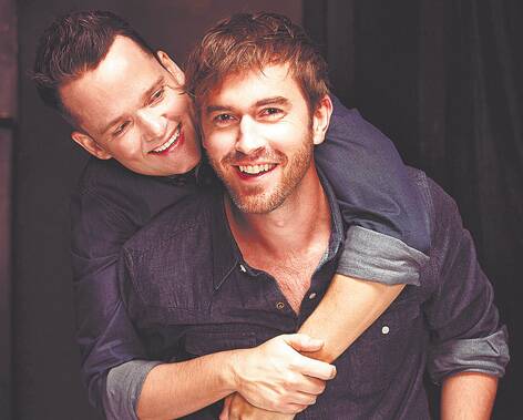 Former Winmalee resident Adam J. Yeend (front) with his co-star in Holding the Man, Nate Jones. The Australian play opens in Los Angeles this Saturday. Photo: John Tsiavis.