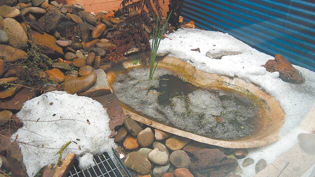 Remnants of hail in a courtyard at Katoomba Hospital.