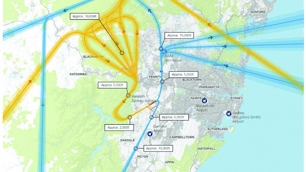 Proposed flights paths from Badgerys Creek airport from the Environmental Impact Statement. The yellow lines show flight arrivals.