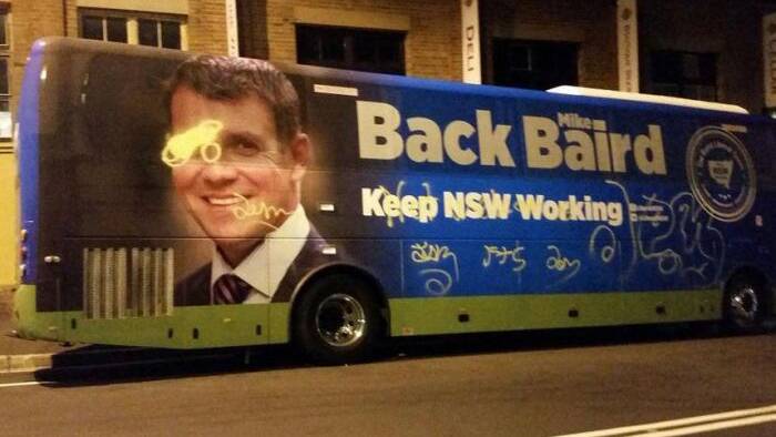Vandalism to NSW Premier Mike Baird's campaign bus after being left overnight in Katoomba on March 10.