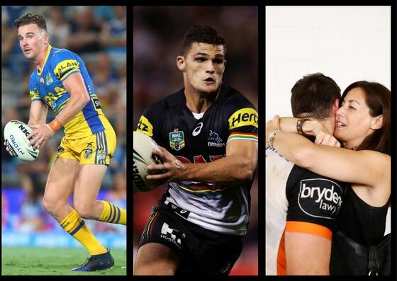 Clint Gutherson of the Parramatta Eels, Nathan Cleary of the Penrith Panthers and Marina Go hugging James Tedesco of the Wests Tigers. Pictures: Getty Images