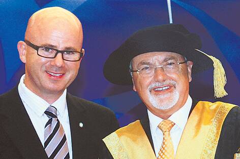 Blue Mountains mayor Mark Greenhill with University of Western Sydney Chancellor, Professor Peter Shergold at the graduation ceremony in December.