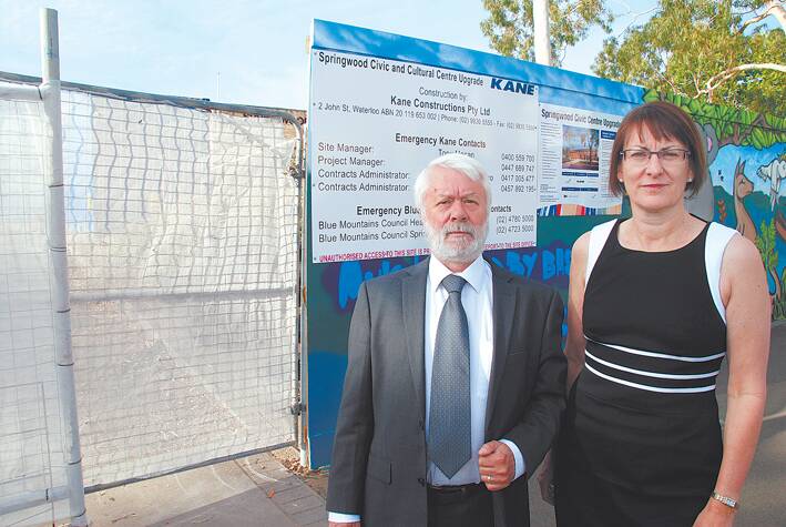Springwood councillor Mick Fell and Labor's Macquarie spokeswoman Susan Templeman outside the Springwood Civic Centre redevelopment last week.
