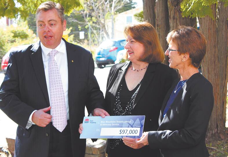 Fair Trading Minister Anthony Roberts with Blue Mountains MP Roza Sage and principal solicitor manager at the Elizabeth Evatt Community Legal Centre, Dianne Hamey.
