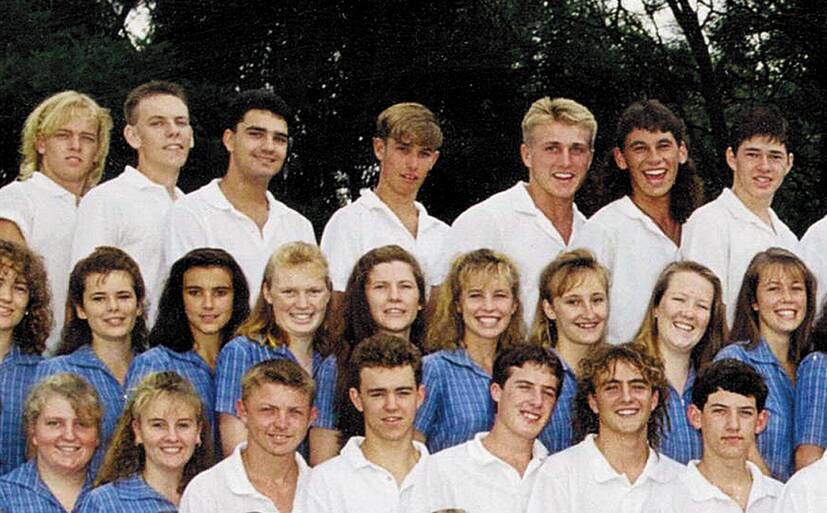 Adam Giles (second from top right) sporting a mullet in his final year at Blaxland High School in 1990.