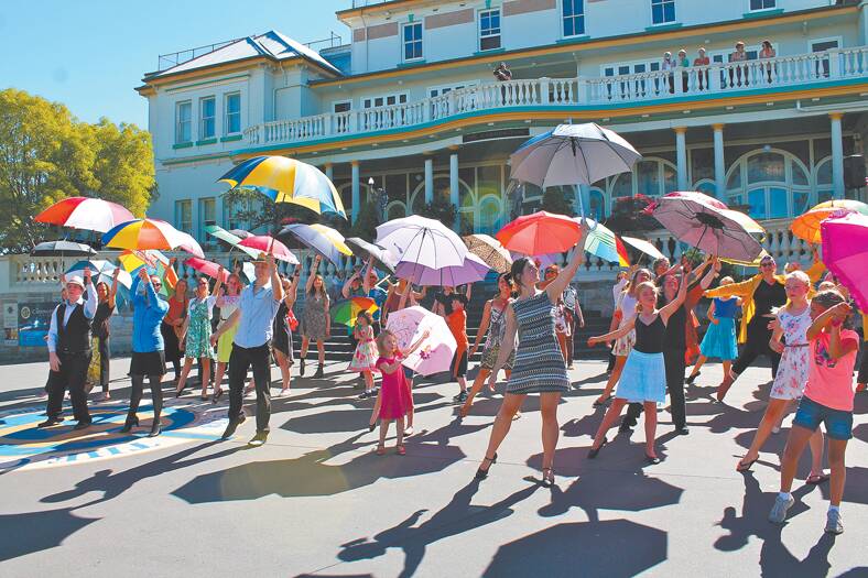 The Flash Mob routine to the Gene Kelly classic Singin’ In The Rain at The Carrington Hotel in Katoomba on Saturday.