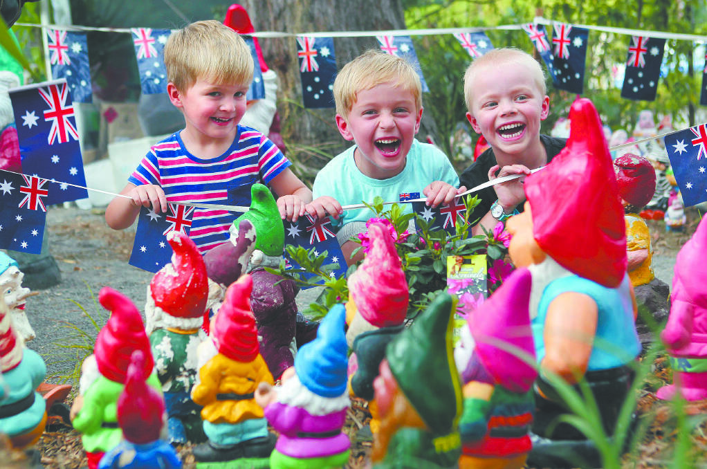 Phoenix, 3, and Xavier Eggins, 4, with Lawson Browne, 5, at the Rotary Gnome Convention at Glenbrook on Australia Day in 2013. Photo Helen Nezdropa.