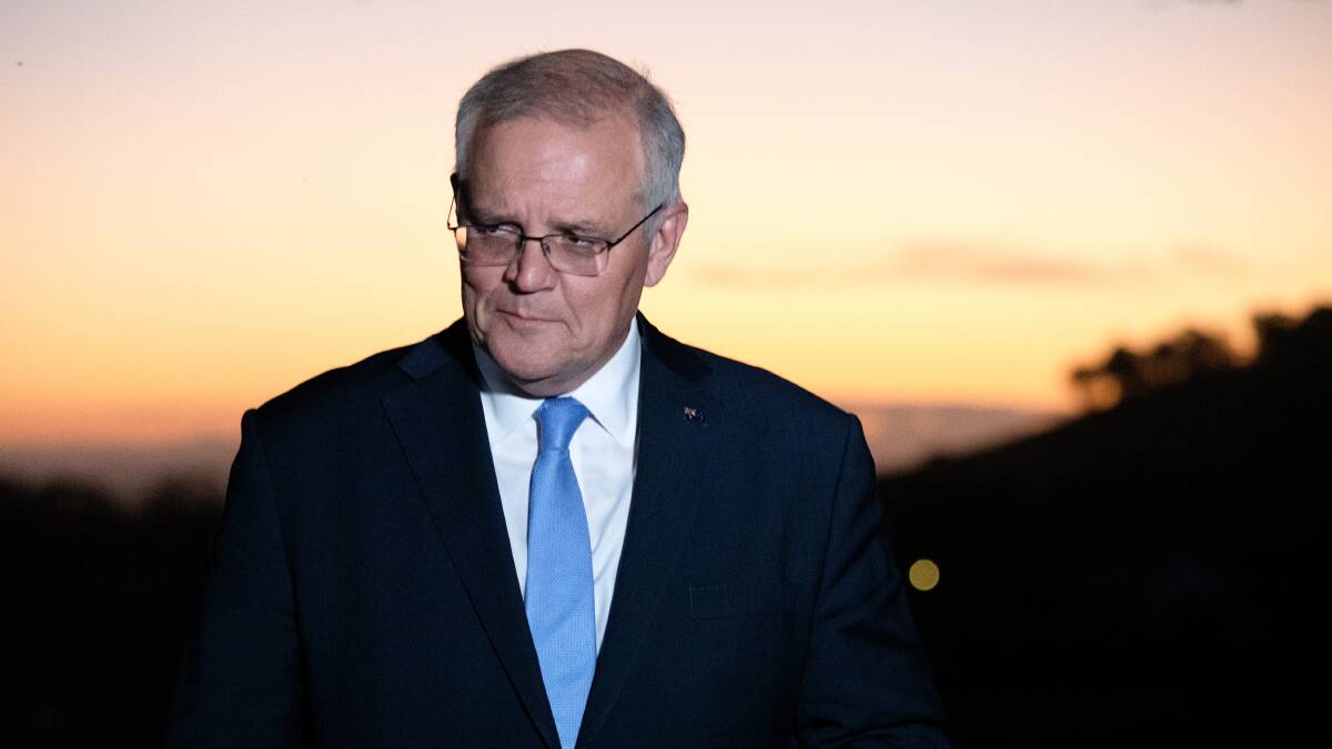 Scott Morrison after doing a live cross to the ABC at Coolangatta Estate winery near Shoalhaven Heads. Picture: James Croucher