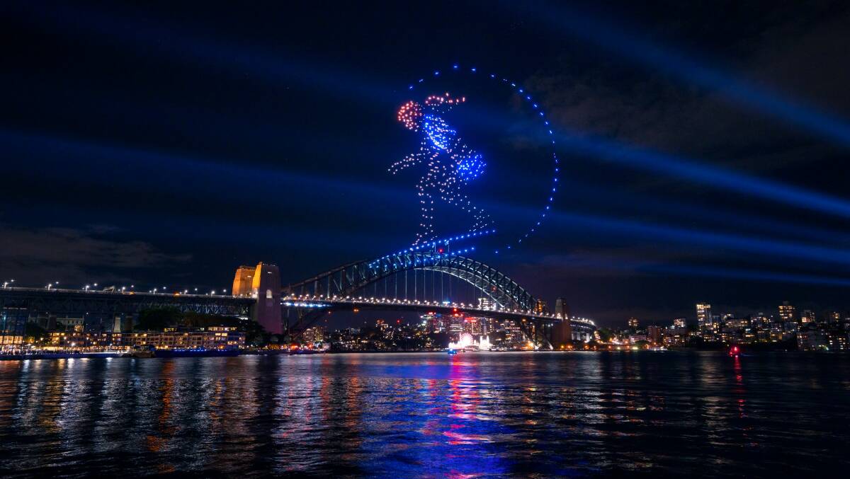 Unreal: Intel drone operators, trained by Mayfield East's AviAssist, putting on a show in Sydney. Pictures: Daniel Tran/ Destination NSW. 