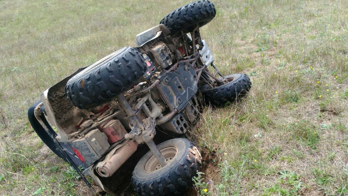 Lithgow farmer John Lowe's overturned quad bike after it hit a hidden wombat burrow in March 2017. Picture supplied