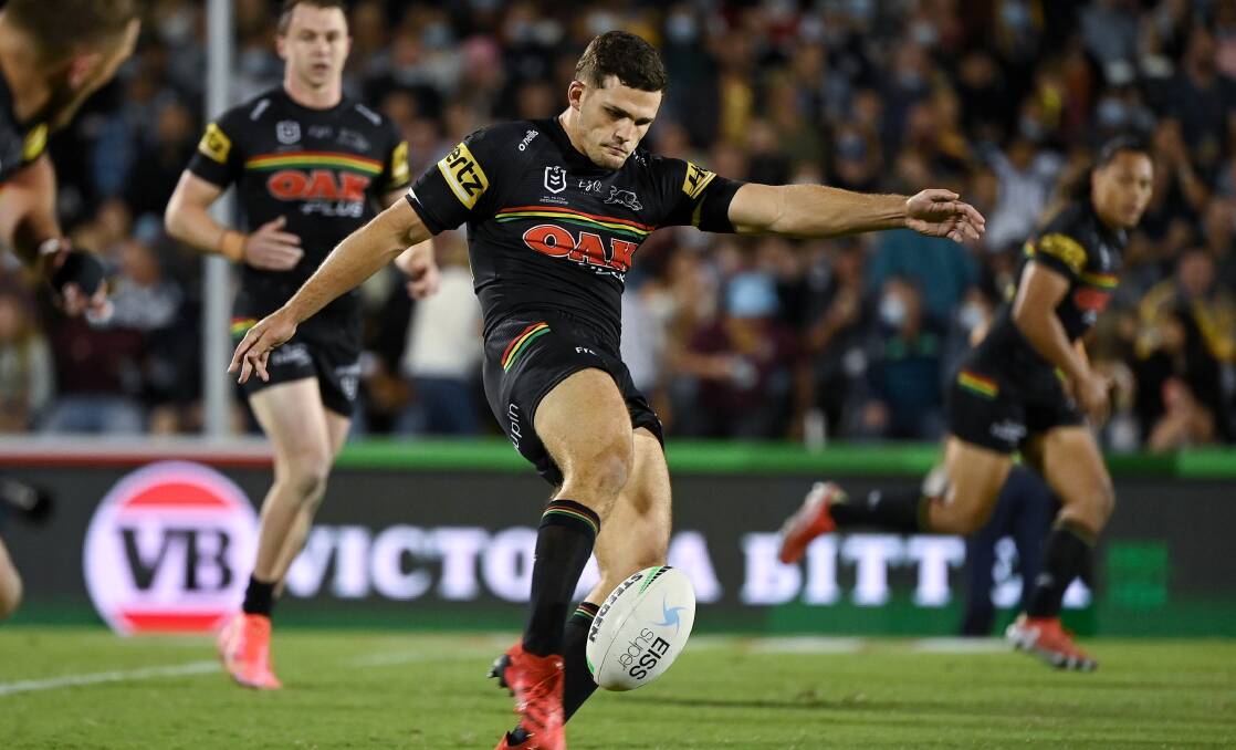 The pope of Penrith: Halfback Nathan Cleary gets a kick away against Parramatta Eels. Photo: NRL Photos. 