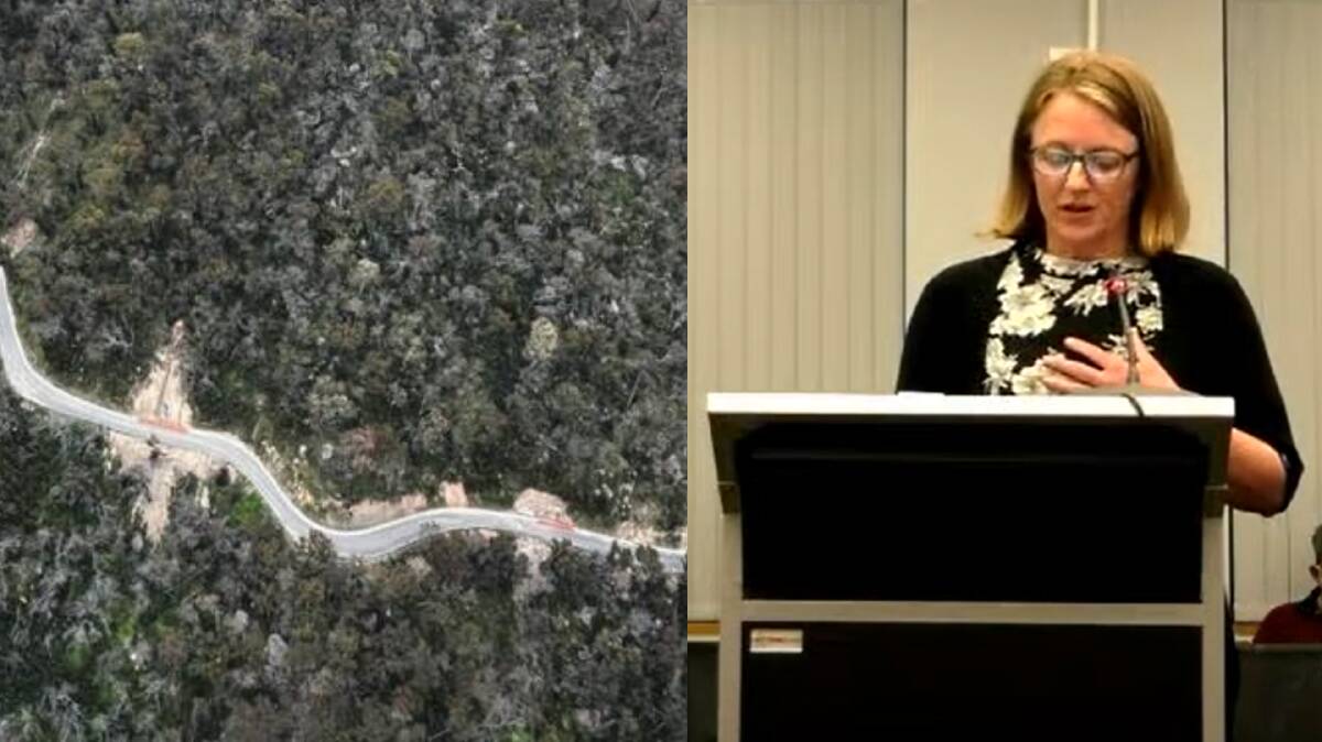 Left, the severely damaged Wolgan Gap road. Right, Wolgan Valley Association president Sarah Denmead addresses Lithgow council. Picture supplied.