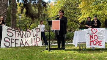 Centre for Non-Violence chief executive Margaret Augerinos speaking at a rally against violence in Bendigo last month. Picture by Jonathon Magrath