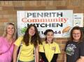 Dropping off crocheted beanies at Penrith Community Kitchen. From left; SLSO Yvette Wheadon-Davies, Year 9 students Aurora Edwards and Azazel Kent, and SLSO Karen Van Den Brink. Picture supplied