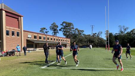 The NSW Blues Origin squad, shown training at Blue Mountains Grammar School in Wentworth Falls. Picture by Tom Walker
