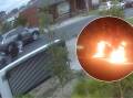 CCTV still of alleged gunman chasing the 50-year-old victim and an image of a car, believed to be the gold Pajero, on fire in Reservoir. Picture supplied