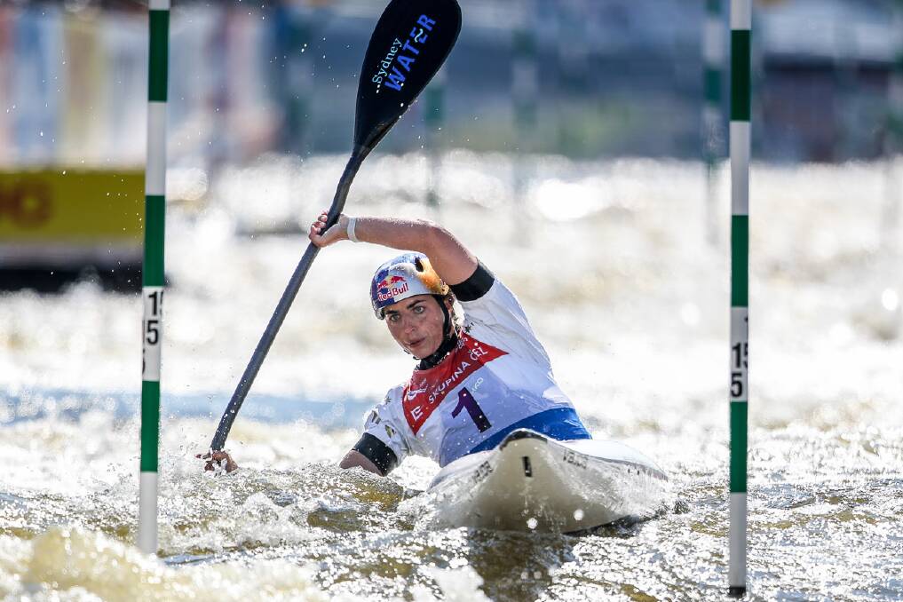 Top form: Jessica Fox paddles through a gate in a world cup event in Prague. Picture: Supplied