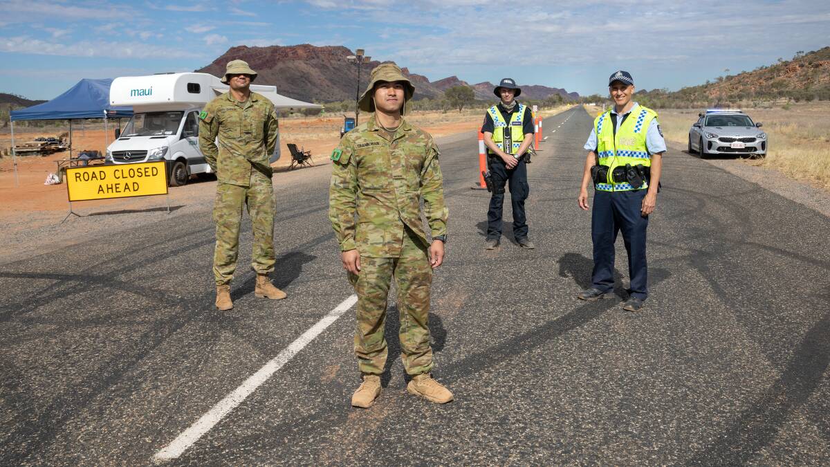 Australian Army soldiers assist Australian Federal Police and NT Police with the operation of a Biosecurity Checkpoint at Simpsons Gap, outside of Alice Springs, NT. Picture: Defence Media.