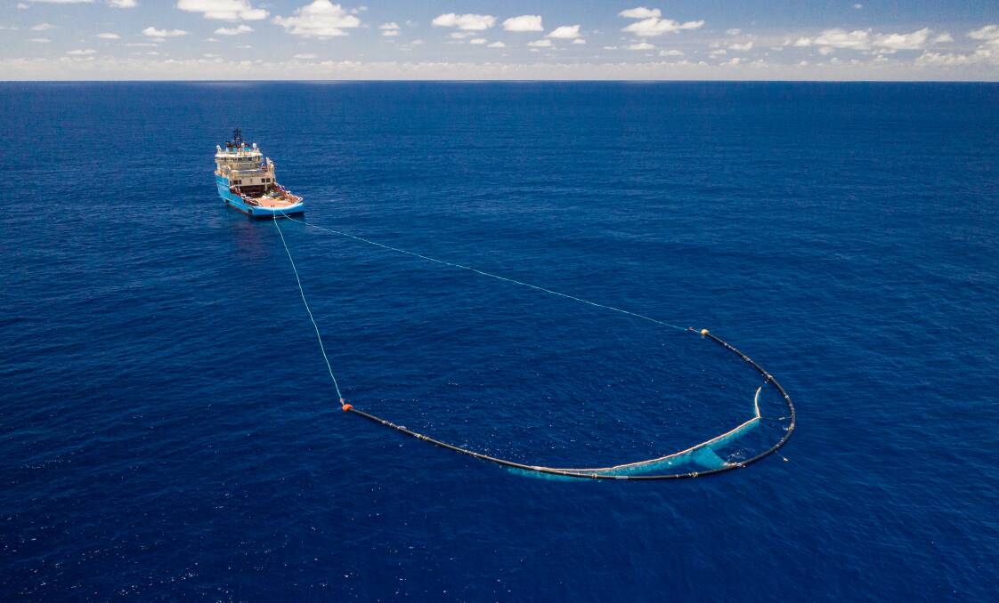 Cleaning Up: The Ocean Cleanup system in action. Plastic is spread in the Pacific Ocean across an area "three times the size of France or twice the size of Texas". 