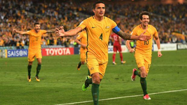 Cometh the hour: Tim Cahill celebrates his extra time winner. Photo: AAP