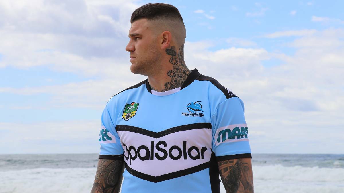 Test centre Josh Dugan has swapped the red V for the black, white and blue. Picture: Cronulla Sharks