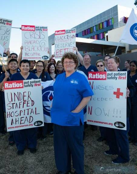 NSW Nurses and Midwives' Association Blacktown Hospital branch secretary Jackie Holmes leads a rally of overworked nursing staff in September this year. Picture: Sharon Hickey