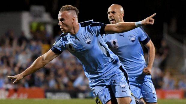 Jordy Buijs of Sydney FC celebrates his opening goal during the quarter final FFA Cup match between Sydney FC and Melbourne City. Photo: AAP