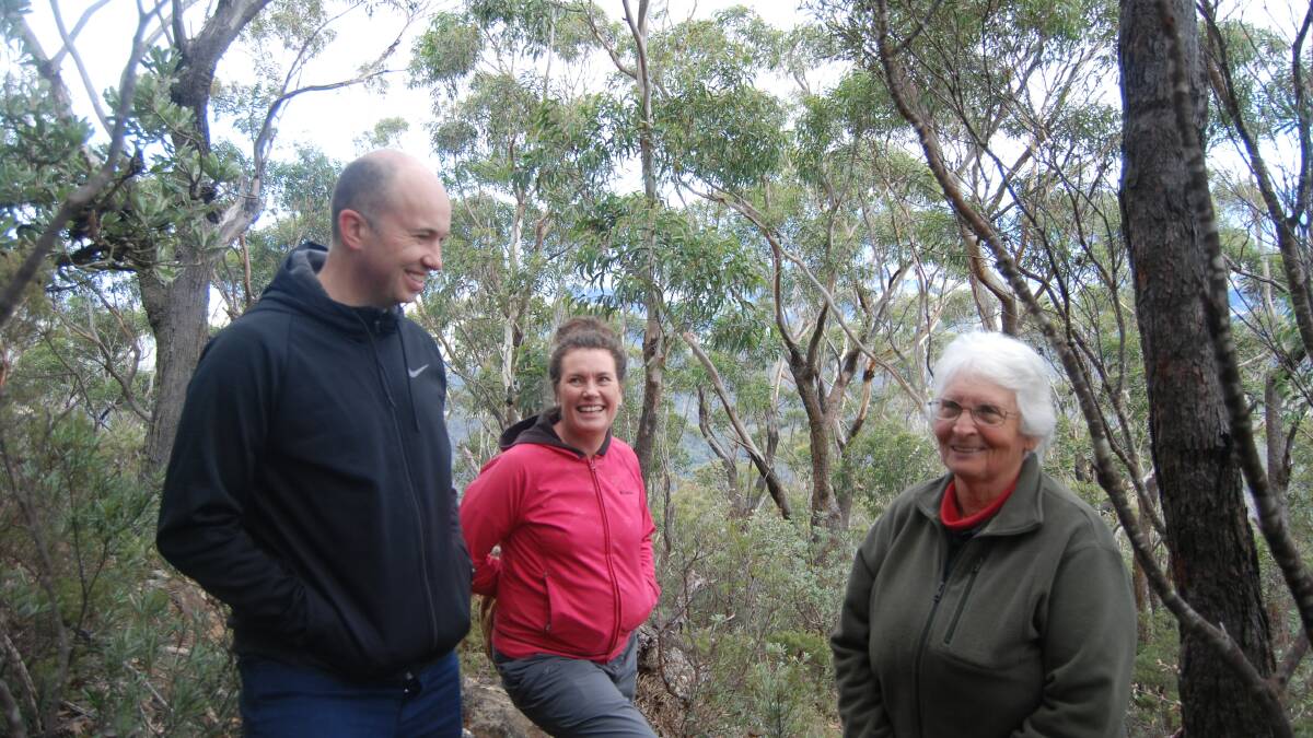 NSW environment minister, Matt Kean, with Blue Mountains MP, Trish Doyle, and Aunty Sharyn Halls at Ngula Bulgarabang, formerly Radiata Plateau in Katoomba. The name means very large wood forest.