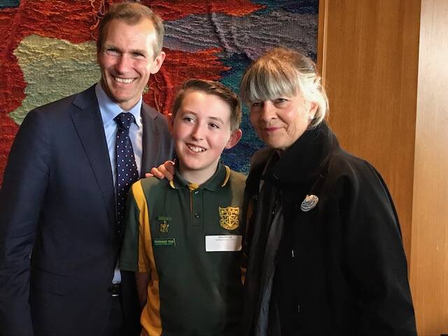 NSW Education Minister, Rob Stokes with Sidney Edwards of Blackheath Public School and Fred Hollows Foundation director, Gabi Hollows.