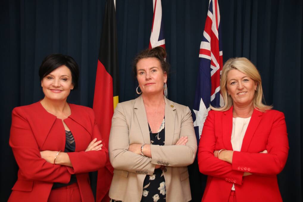 NSW ALP leader Jodi McKay, shadow minister for women, for prevention of domestic violence and for emergency services, Trish Doyle, and new deputy Labor leader, Yasmin Catley.