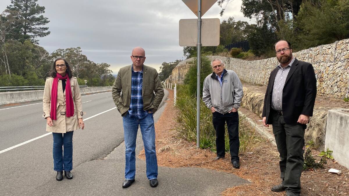 Ward 2 councillors Romola Hollywood, Chris Van der Kley and Brent Hoare with the mayor, Mark Greenhill, near the croc park site in Wentworth Falls.
