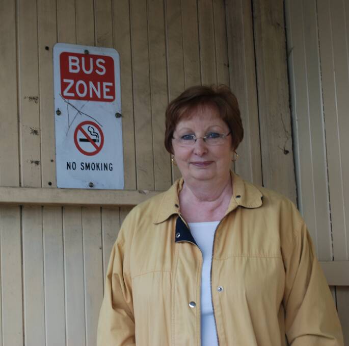 Stranded: Margaret Kristiansson at the Leura bus shelter at the bottom of the Mall. A timetable change means she now can't catch the 12.18pm train to Sydney.