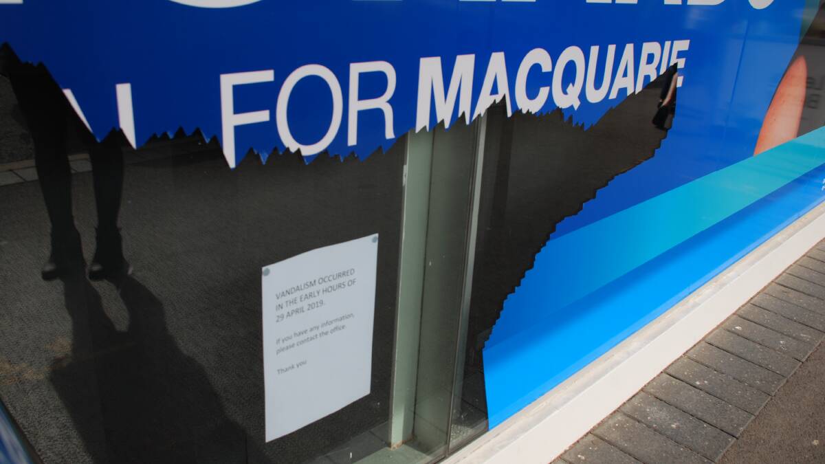 Vandalised window of Liberal candidate, Sarah Richards', electoral office in Springwood.