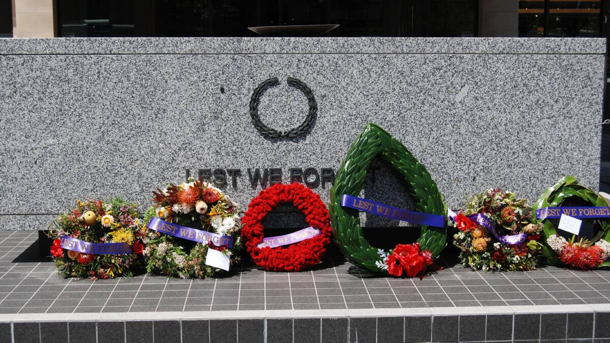 Wreaths at the cenotaph ourside Katoomba RSL Club.