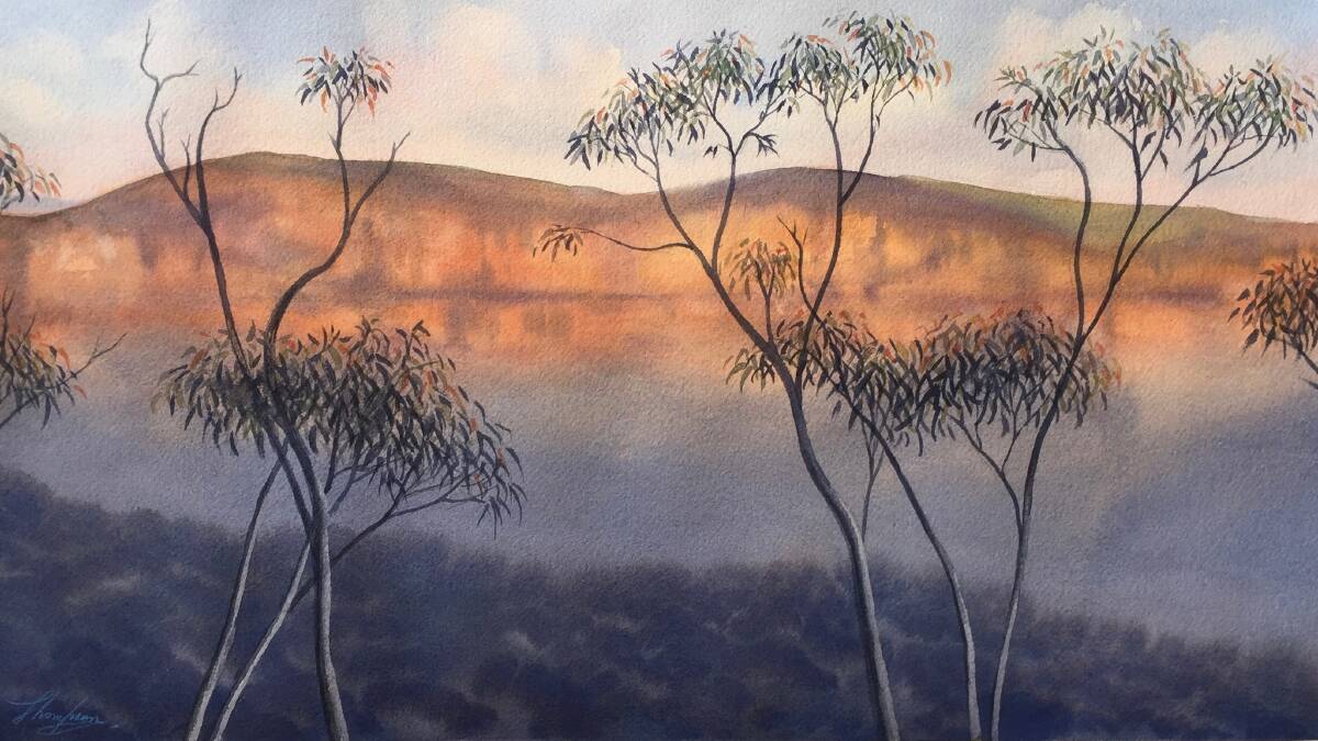 Landscapes: Narrow Neck and eucalyptus by Owen Thompson (watercolour on paper, 20 x 30 cm).