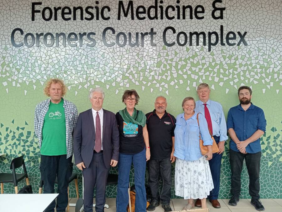 Some of the residents who were affected by the Mt Wilson backburn which went out of control in December 2019. Lionel Buckett, lawyer Adam Searle, Kooryn Sheaves, Sam Ramacci, Marion Tebbutt, Martin Tebbutt and Jochen Spencer. Picture supplied