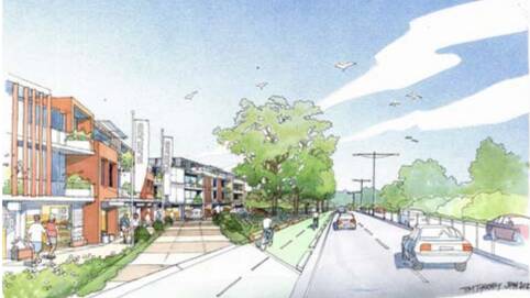 This concept illustration shows the potential future revitalisation of the western end of the Blaxland Town Centre (looking west), including public benefit outcomes achievable through an incentives clause applicable to key sites. Examples of potential improvements as shown include a separated bike path along the Great Western Highway in conjunction with a pullover lane and parking similar to Lawson Town Centre.