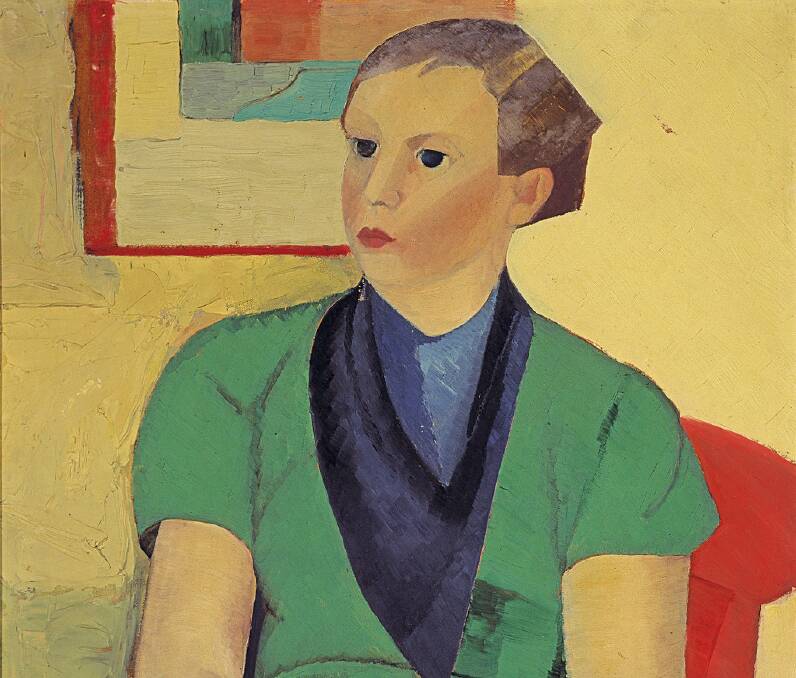 Mary Alice Evatt: Detail from Woman in green sitting on red chair 1930, oil on board. Photo by Graham Lupp
