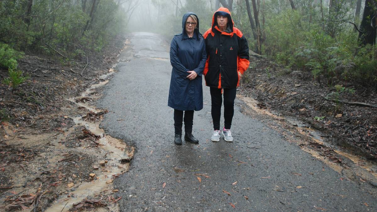 Road narrows: Locals Suzanne Pelley and Barb Wall show the condition of Shipley Road, the only access to Hargraves Lookout in Blackheath.