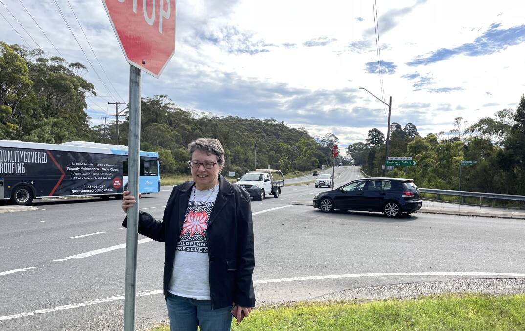 Cr Sarah Redshaw at the corner of Sinclair Crescent and Great Western Highway on the border of Wentworth Falls and Leura. The speed limit in this area has been reduced to 70km/h. Picture Jennie Curtin 