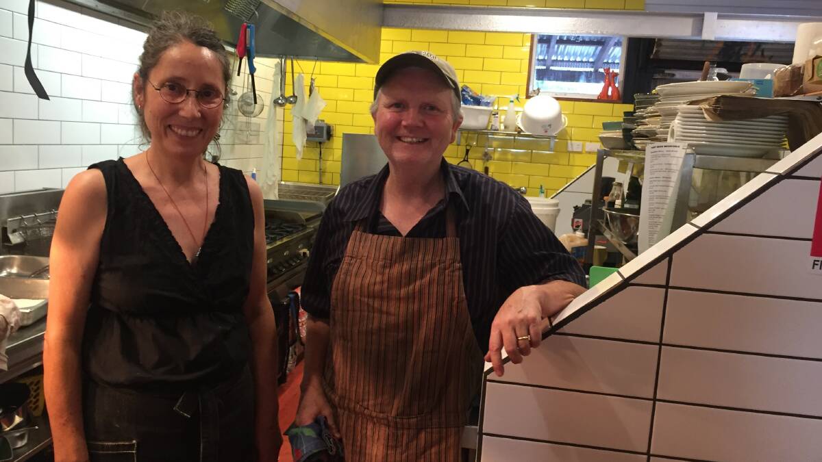 Old Peter's Meats shop in Katoomba: Robyn Bennett Healy and John Healy in the kitchen of Katoomba's first vegan cafe.