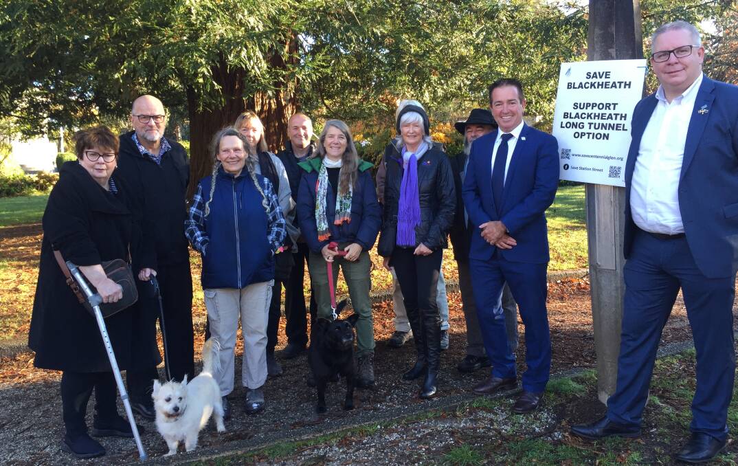 Alistair Lunn (right) from Transport for NSW and minister for regional transport and roads, Paul Toole (second from right), with members of the Blackheath highway co-design committee and other residents.
