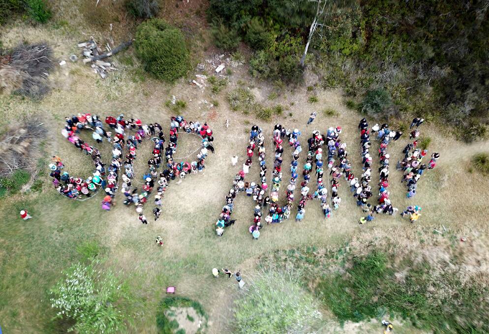 No coal mine: A drone captured the Stop Adani! message conveyed by Mountains residents in Katoomba on Saturday.